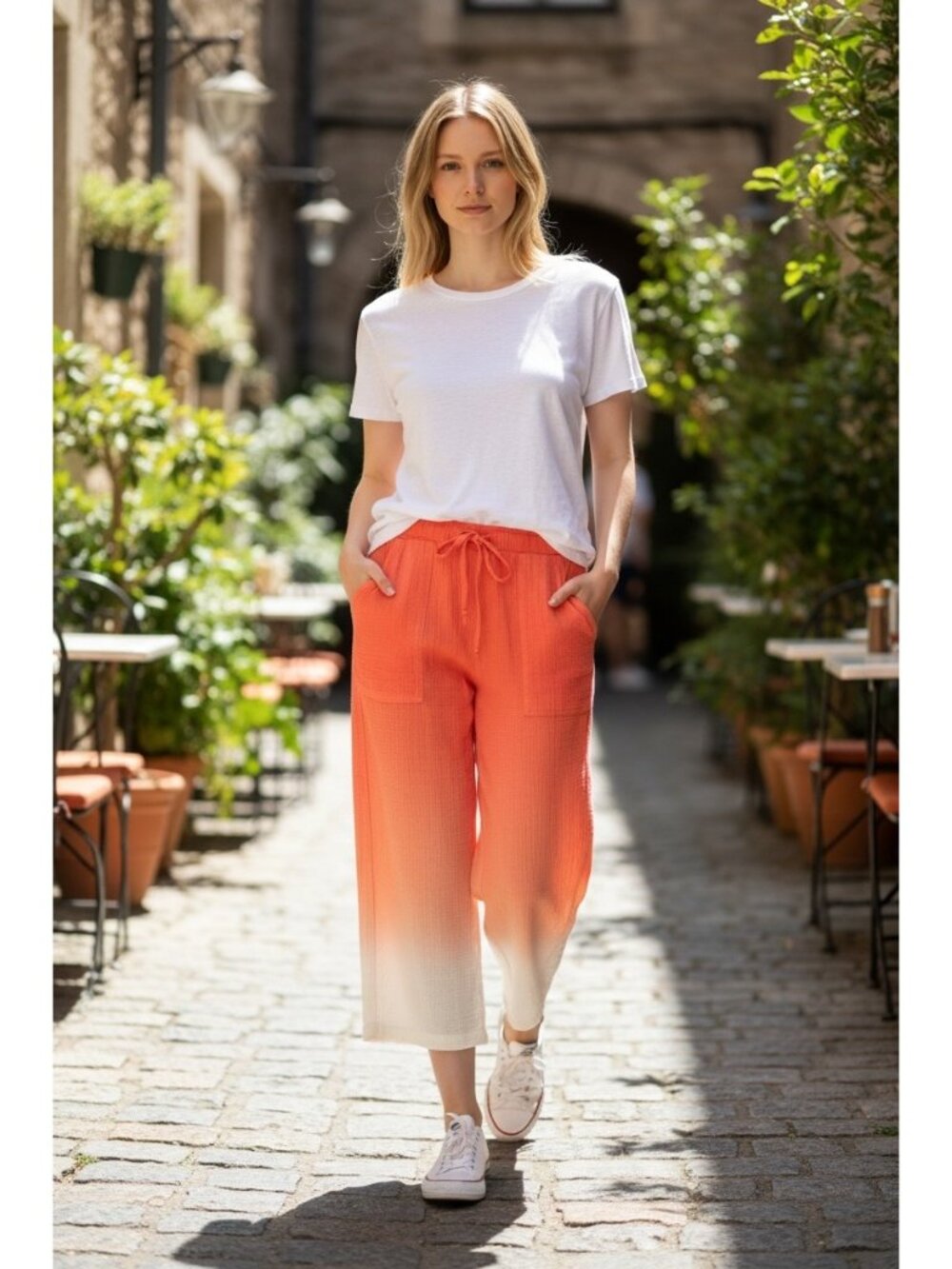 Young, Fabulous & Broke Dip-Dyed Gauzy Crop Pants White/Orange Size L Beach Boho